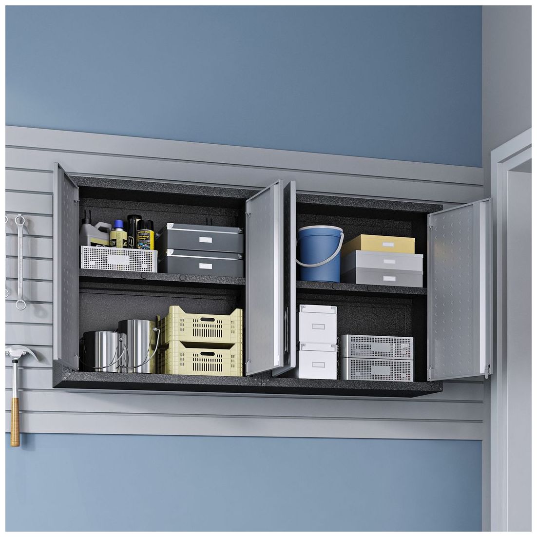Image 5 Fortress 30" Floating Metal Garage Cabinet with Shelves in Grey - Set more views