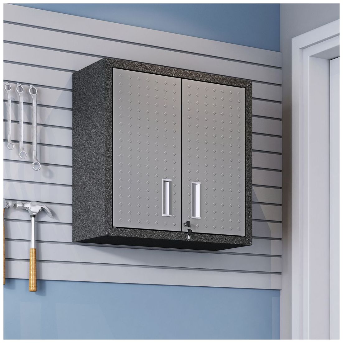 Image 6 Fortress 30" Floating Metal Garage Cabinet with Shelves in Grey - Set more views
