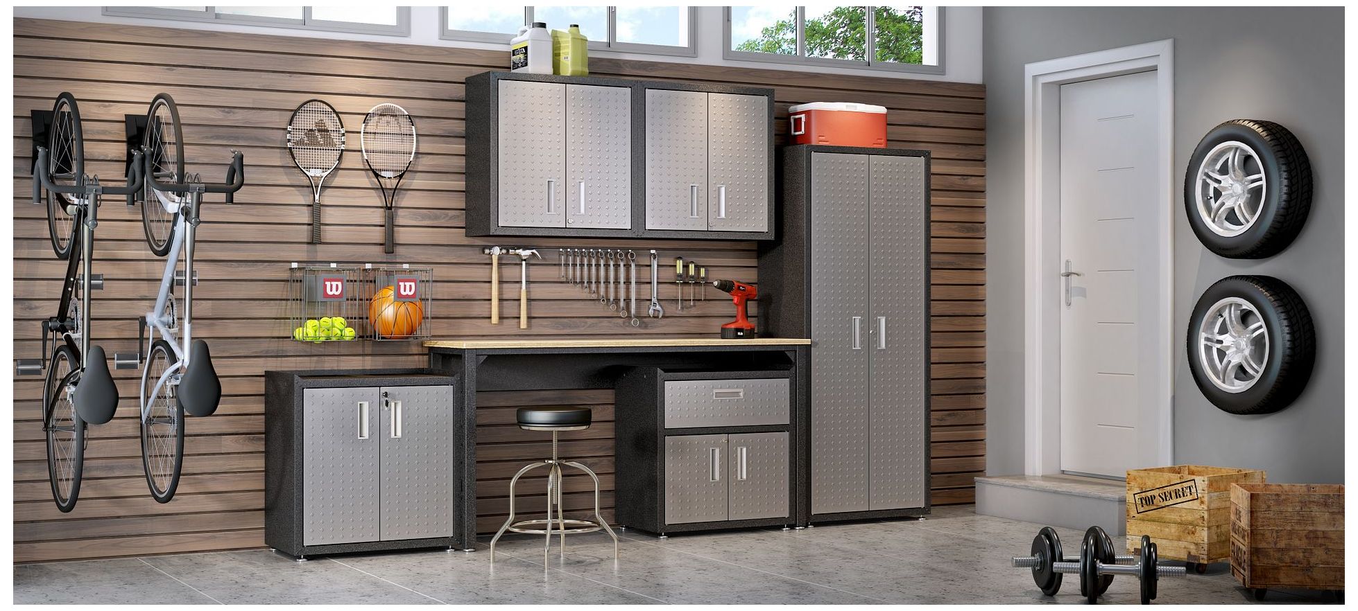 Fortress 30" Floating Metal Garage Cabinet with Shelves in Grey - Set