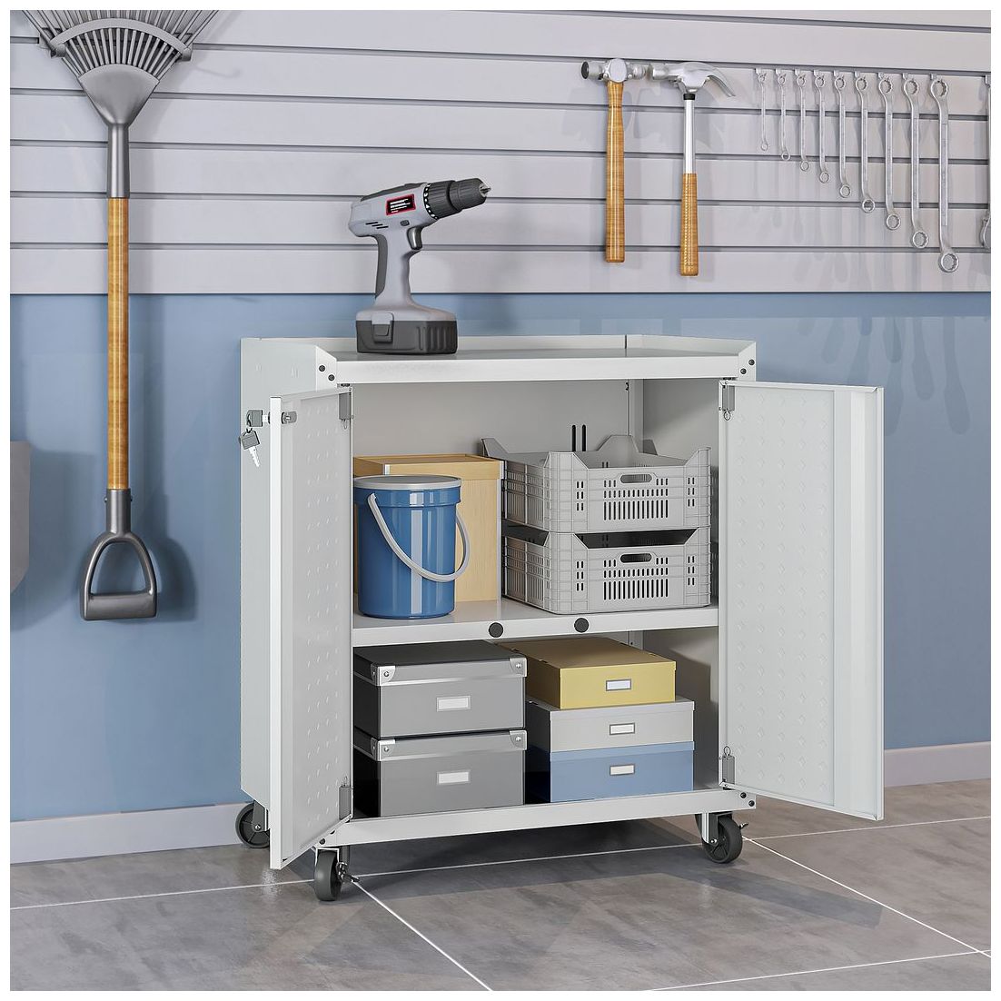 Image 5 Fortress Mobile Garage Cabinet with Shelves in White more views