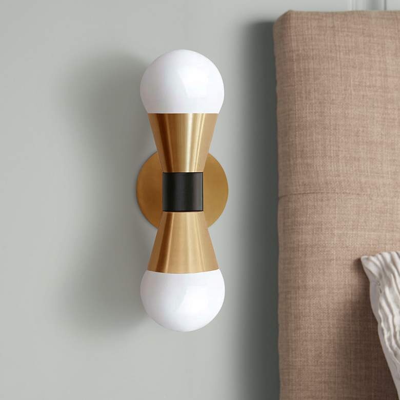 Image 1 Fortuna 7 1/4" High Aged Brass and Black 2-Light Wall Sconce