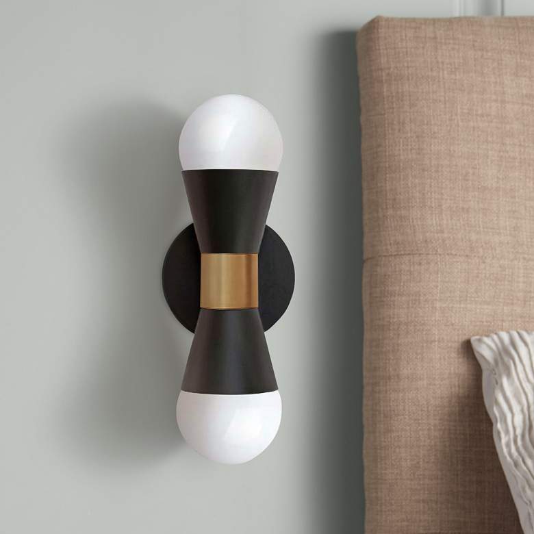 Image 1 Fortuna 7 1/4"H Matte Black and Brass 2-Light Wall Sconce
