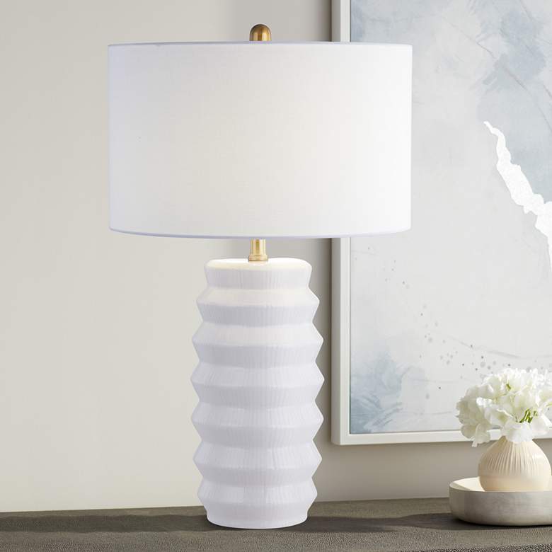 Image 1 Forty West Holmes 26" Modern White Ridged Ceramic Table Lamp