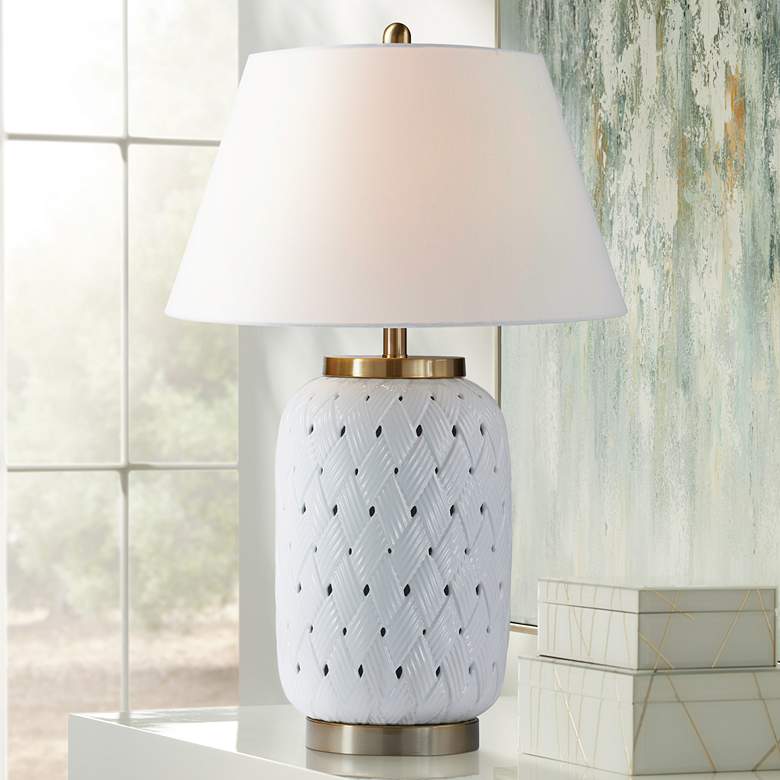 Image 1 Forty West Maren White Wicker Ceramic Table Lamp