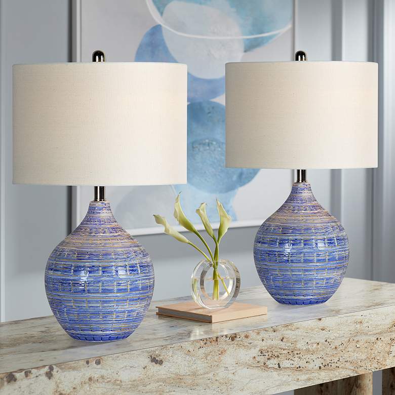 Image 1 Forty West McKenzie 24" High Blue Ceramic Table Lamps Set of 2
