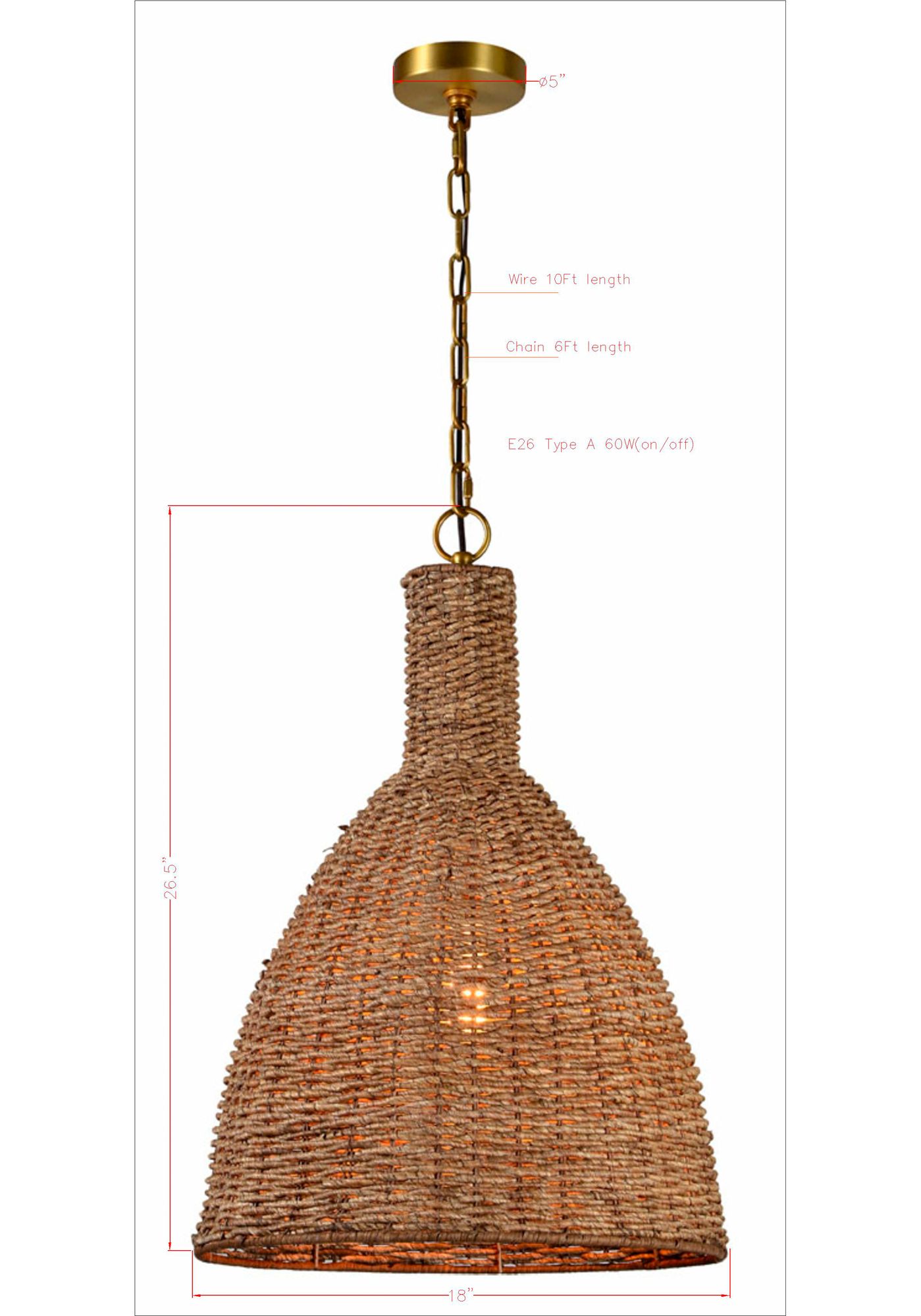 Image 5 Forty West Nevis 18x26.5" Rattan and Metal Pendant more views