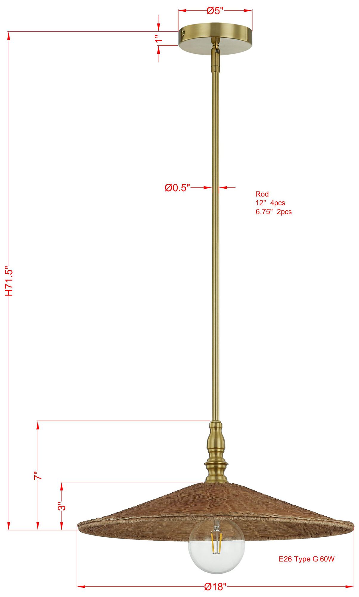 Image 3 Forty West Sheldon 18x7" Iron and Rattan Pendant more views