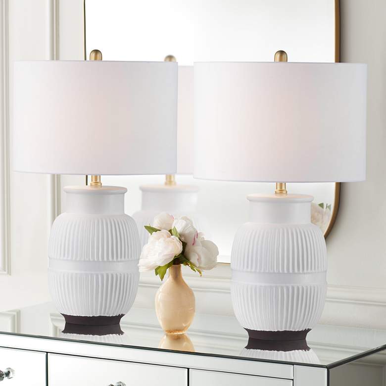 Image 1 Forty West Sorren 26" White Ribbed Ceramic Table Lamps Set of 2
