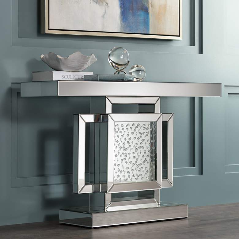 Image 2 Fostoria 47 1/4 inch Wide Silver-Mirror Modern Crystal Console Table