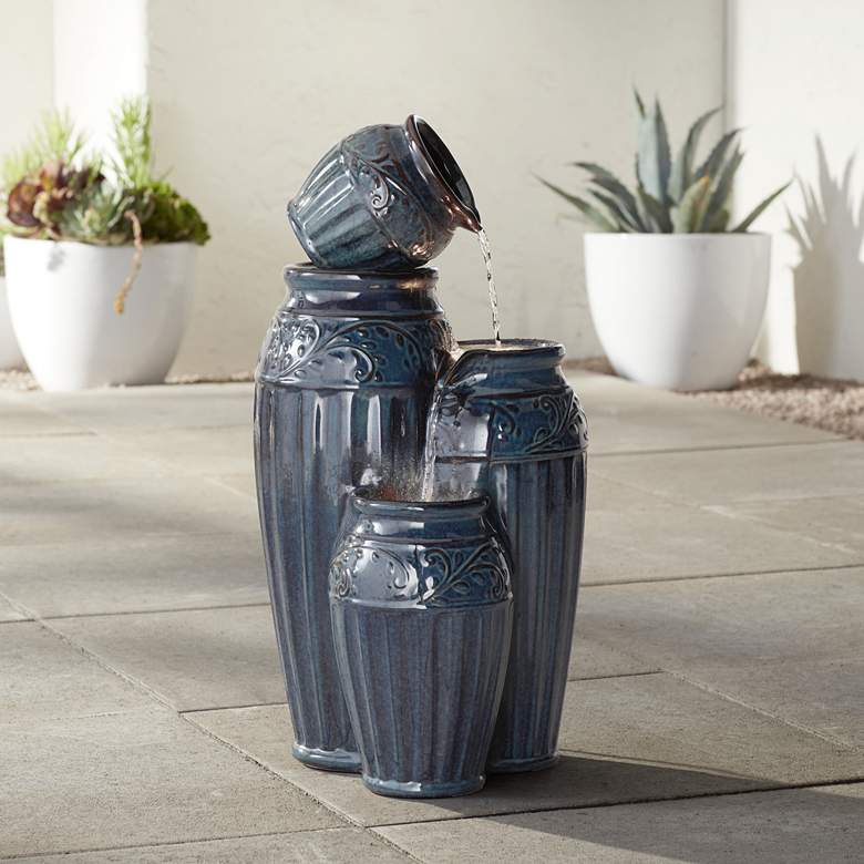 Image 1 Four Blue Urns 27" High Ceramic LED Cascading Floor Fountain