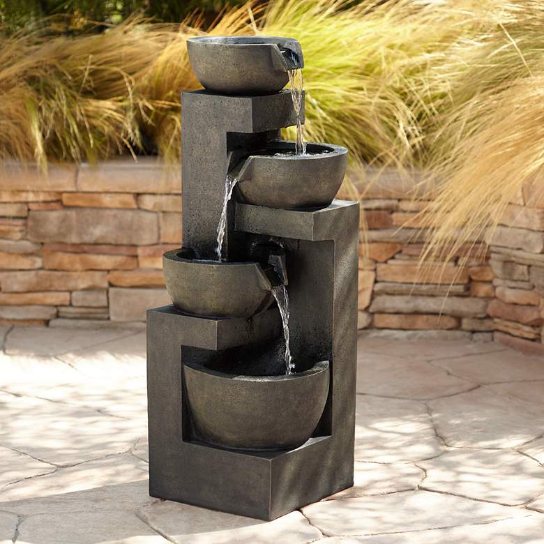 Image 1 Four Bowl 42" High Gray Cascading Outdoor Fountain with LED Lights