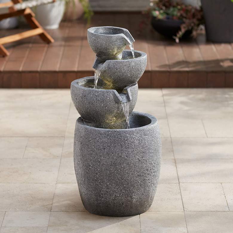 Image 1 Four Bowls 32" High Gray Faux Stone LED Cascading Floor Fountain