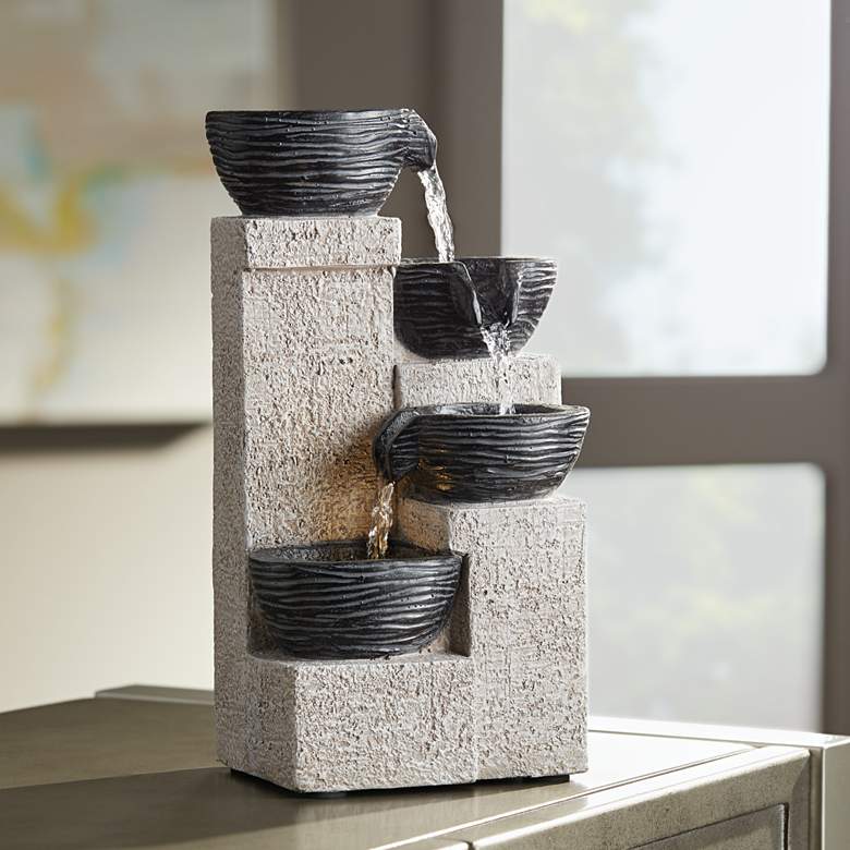 Image 1 Four Cup 11" High Gray LED Cascading Water Fountain