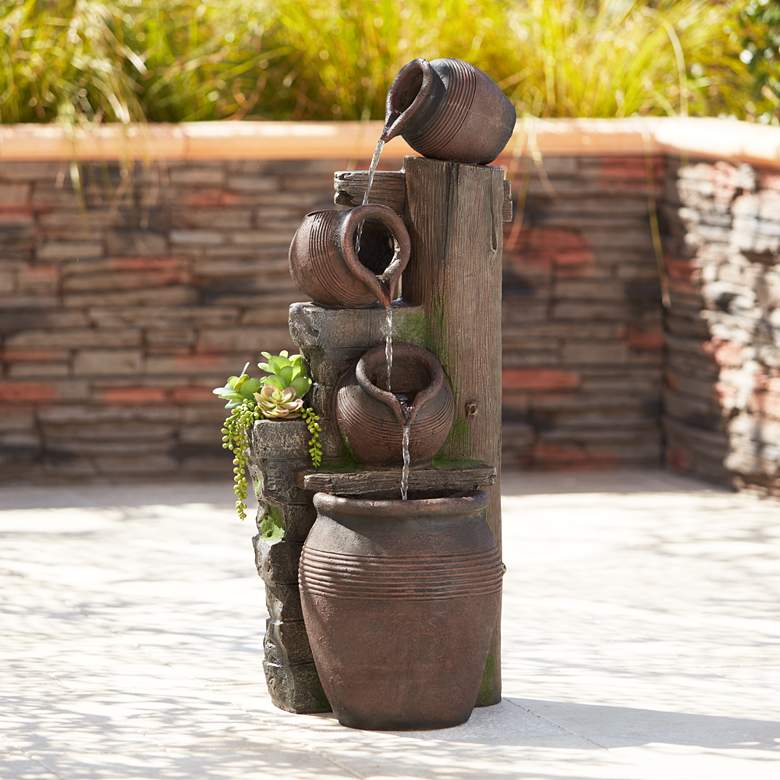 Four Pot 39 1/4&quot;H Terracotta LED Cascading Outdoor Fountain