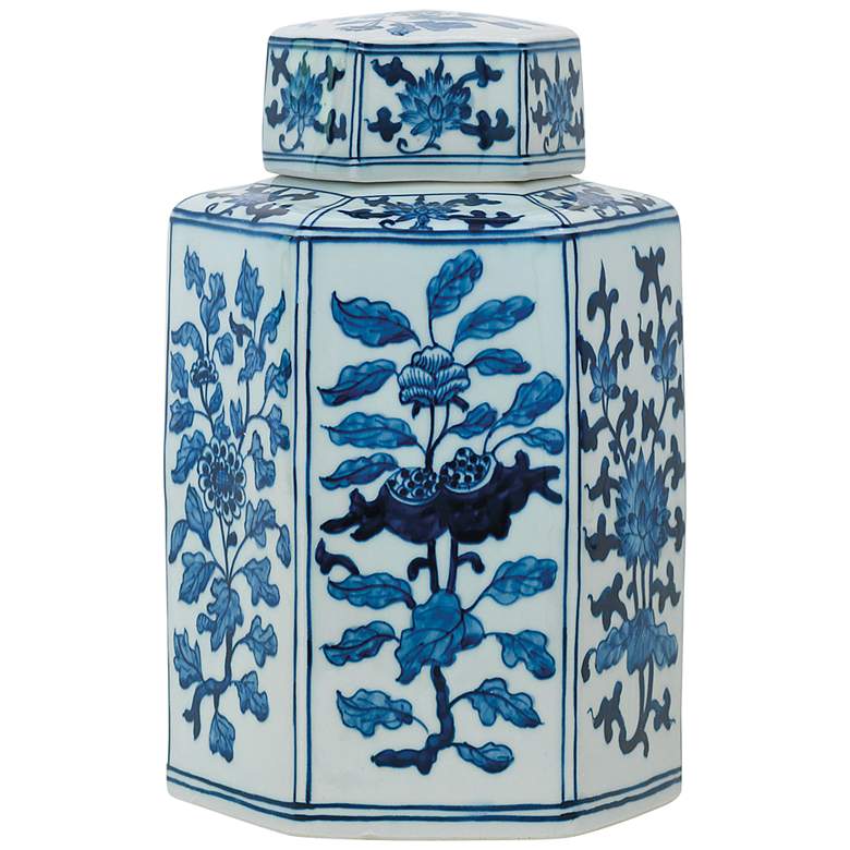 Image 1 Four Seasons Blue and White 11 inchH Hexagon Small Lifted Jar