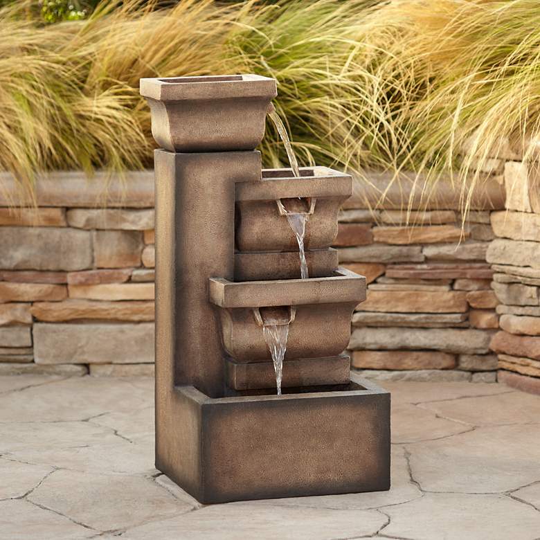 Image 1 Four Square Pot 33 inch High Rustic Stone LED Cascading Outdoor Fountain