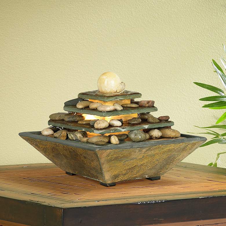 Image 1 Four Tiers 9 inch High Slate Stone Feng Shui Table Fountain with LED Light