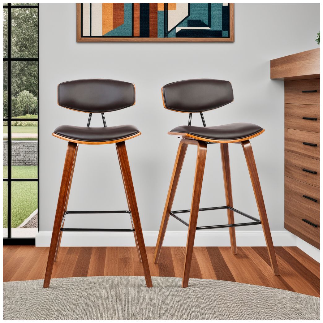 Fox 28.5 in. Barstool in Walnut Finish with Brown Faux Leather
