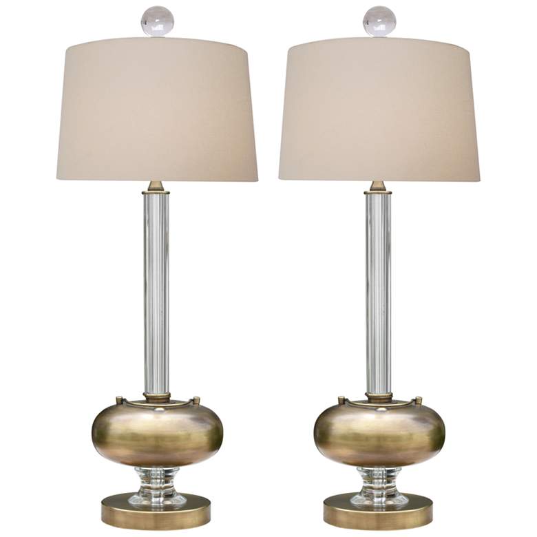 Image 1 Foxhall Antique Brass and Crystal Pipe Table Lamps Set of 2