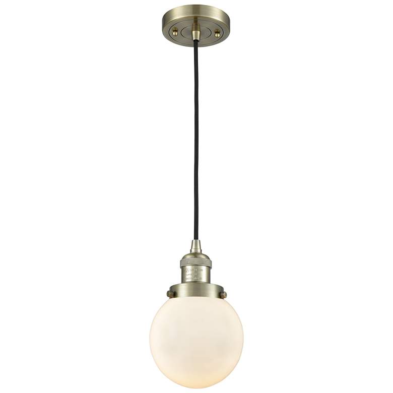 Image 1 Franklin Beacon 6" Wide Antique Brass Corded Mini Pendant w/ White Sha