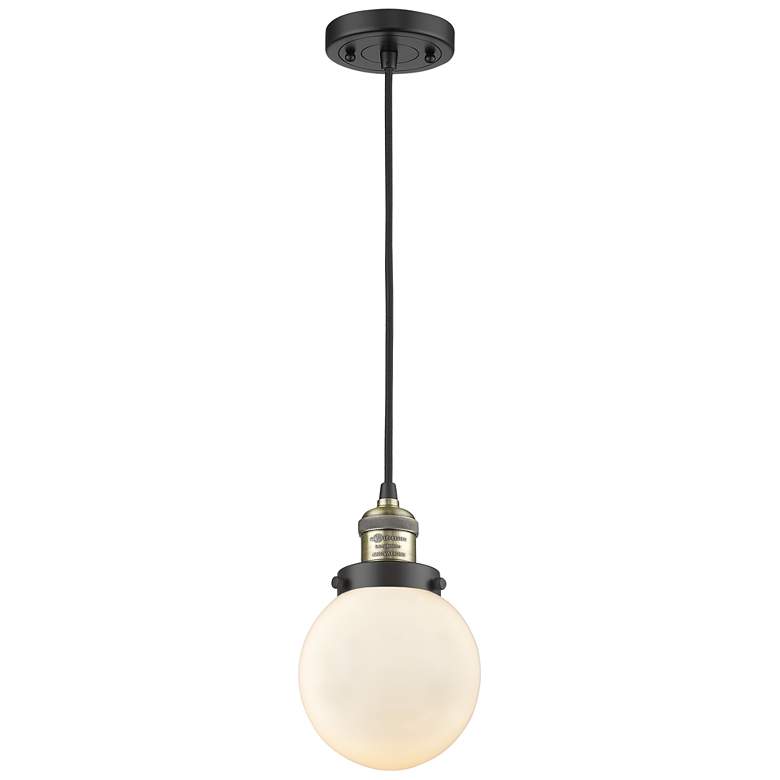 Image 1 Franklin Beacon 6" Wide Black Brass Corded Mini Pendant w/ White Shade