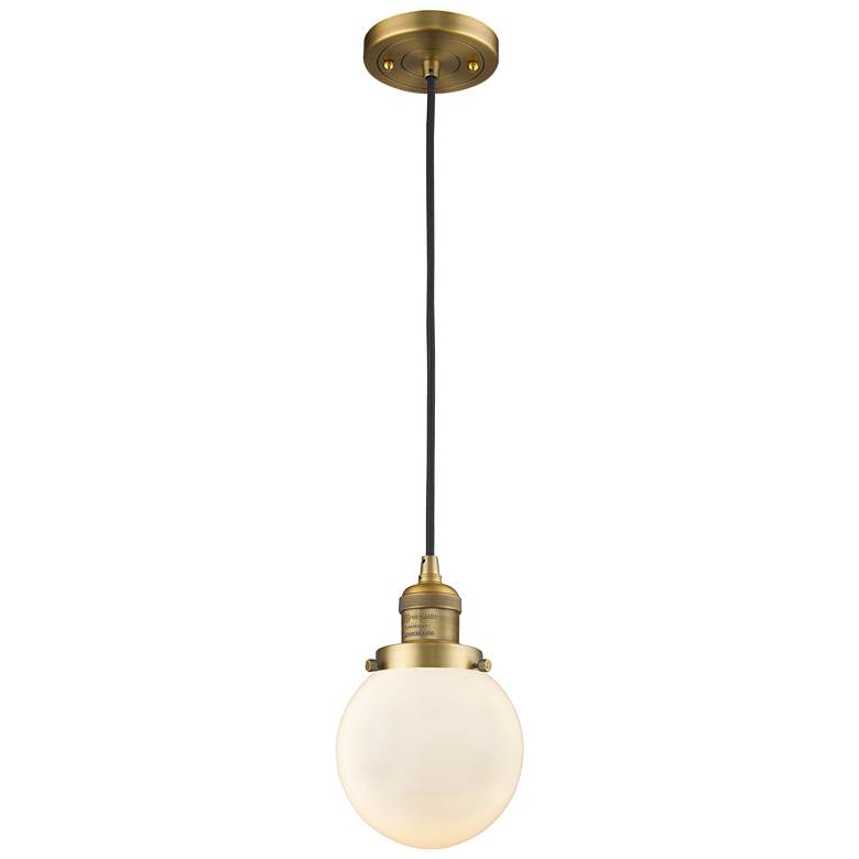 Image 1 Franklin Beacon 6 inch Wide Brushed Brass Corded Mini Pendant w/ White Sha