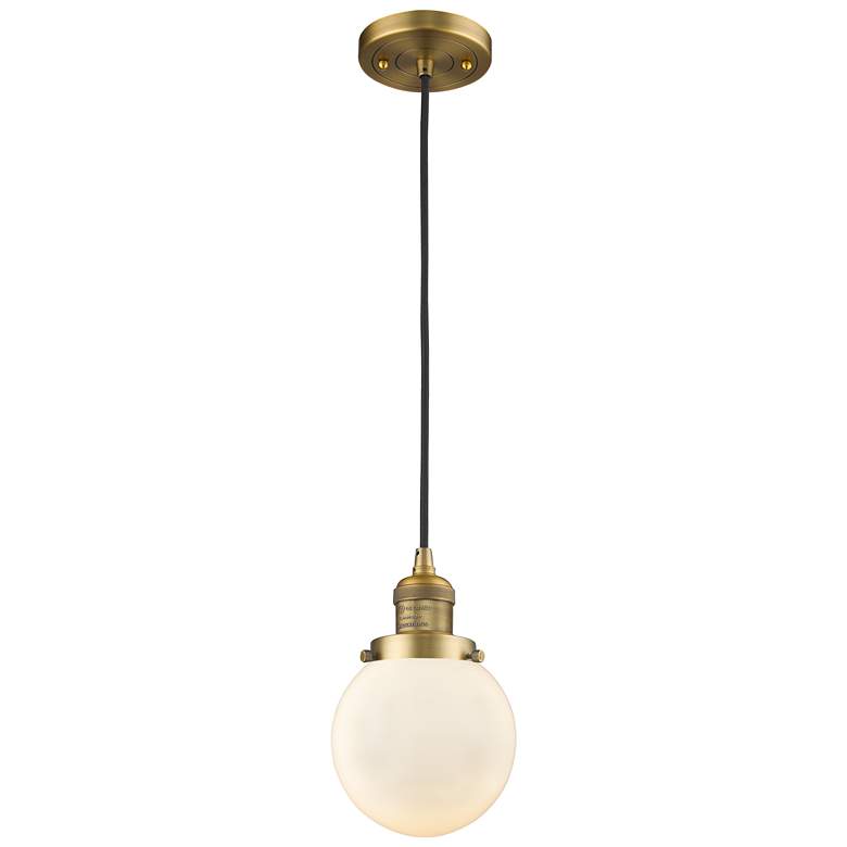 Image 1 Franklin Beacon 6" Wide Brushed Brass Corded Mini Pendant w/ White Sha
