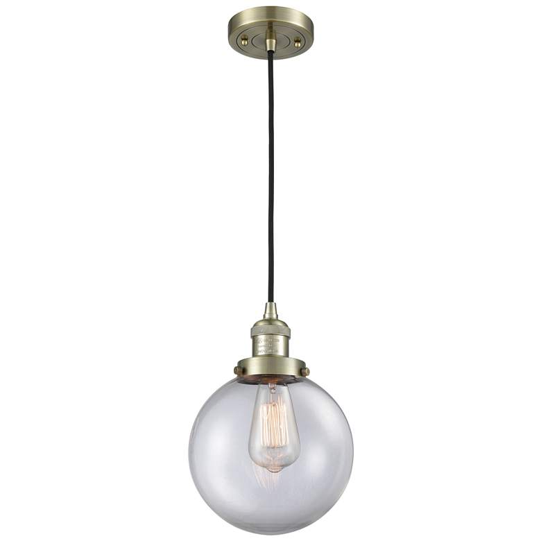 Image 1 Franklin Beacon 8" Wide Antique Brass Corded Mini Pendant w/ Clear Sha