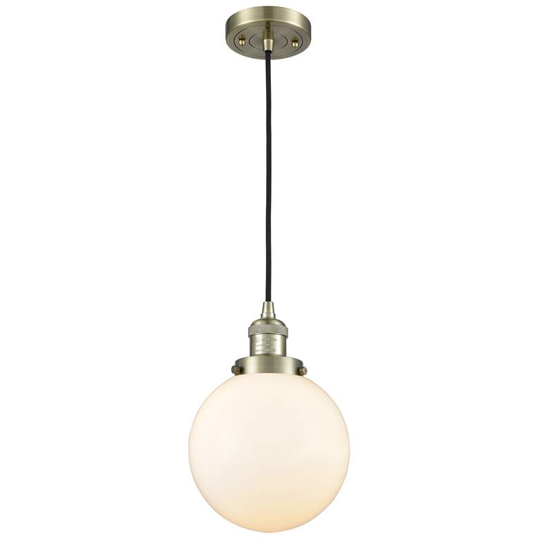 Image 1 Franklin Beacon 8" Wide Antique Brass Corded Mini Pendant w/ White Sha