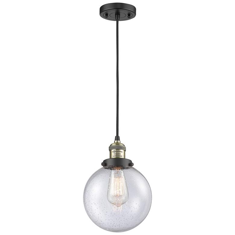 Image 1 Franklin Beacon 8" Wide Black Brass Corded Mini Pendant w/ Seedy Shade