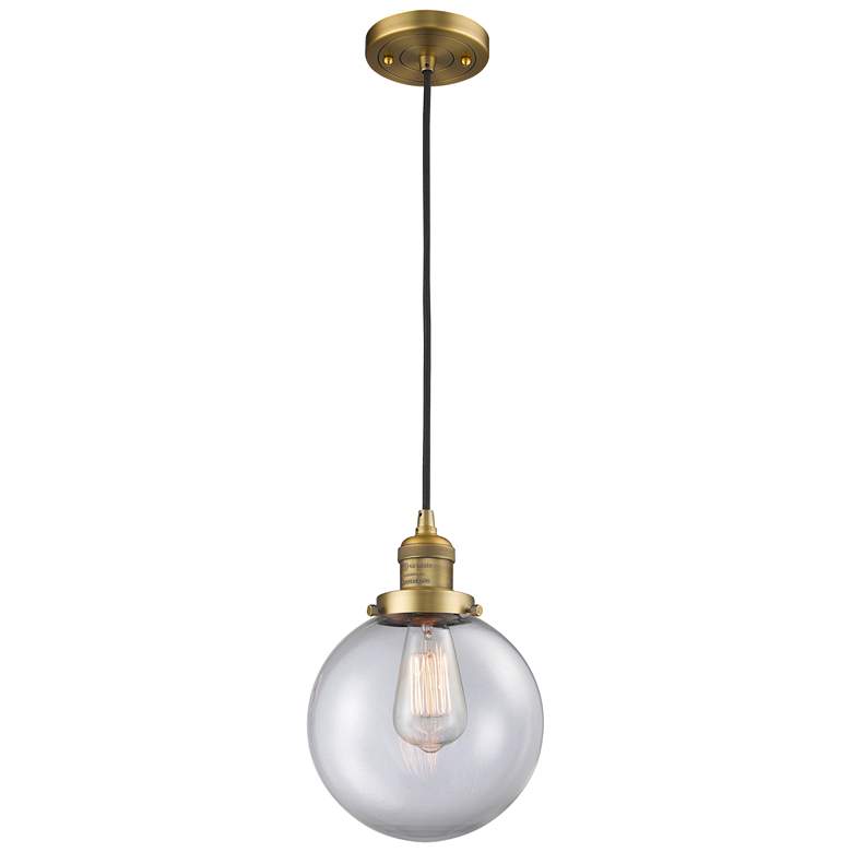 Image 1 Franklin Beacon 8 inch Wide Brushed Brass Corded Mini Pendant w/ Clear Sha