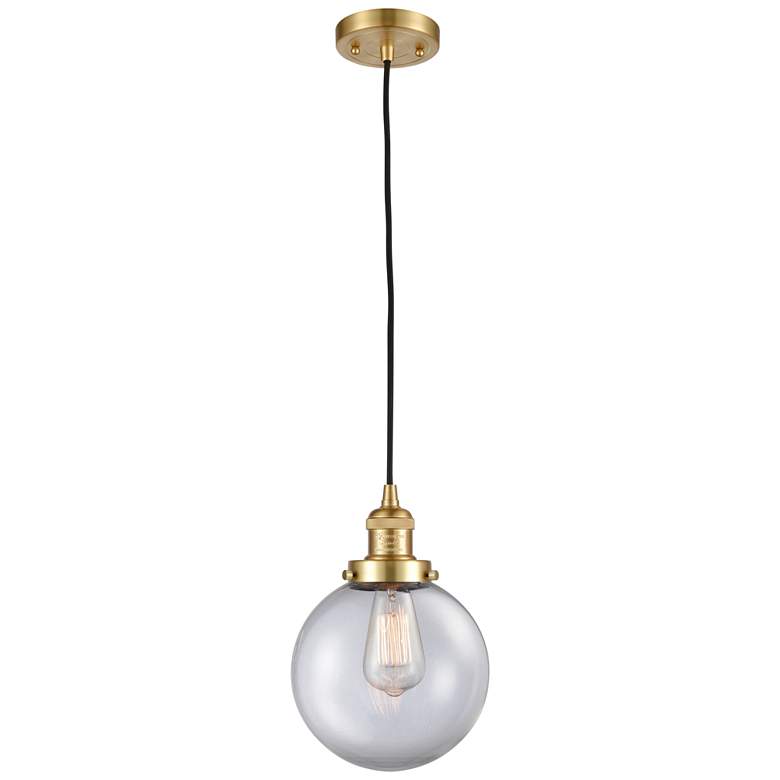 Image 1 Franklin Beacon 8" Wide Satin Gold Corded Mini Pendant w/ Clear Shade