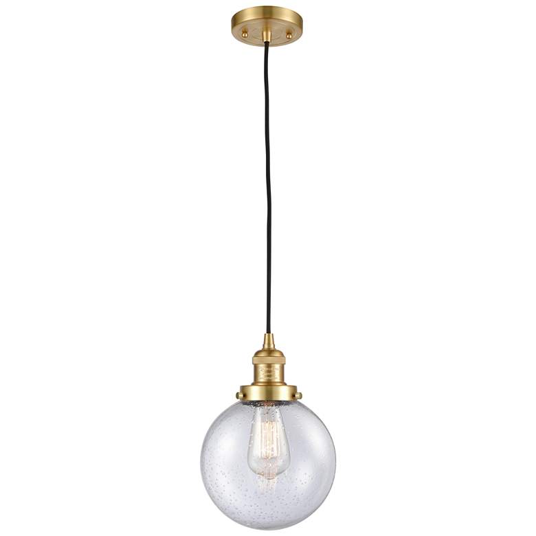 Image 1 Franklin Beacon 8" Wide Satin Gold Corded Mini Pendant w/ Seedy Shade