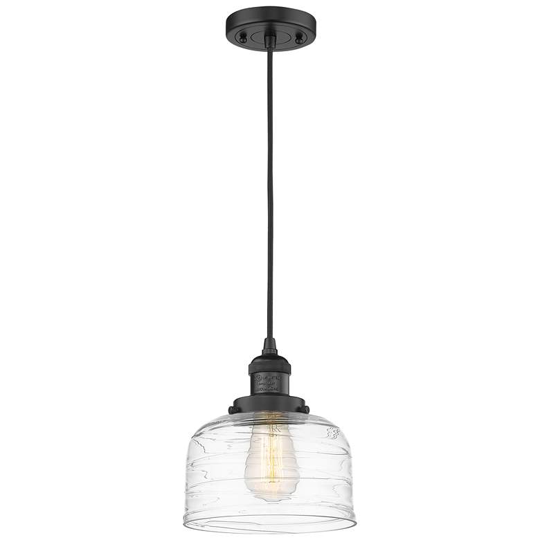 Image 1 Franklin Bell 8" Wide Matte Black Corded Mini Pendant w/ Deco Swirl Sh