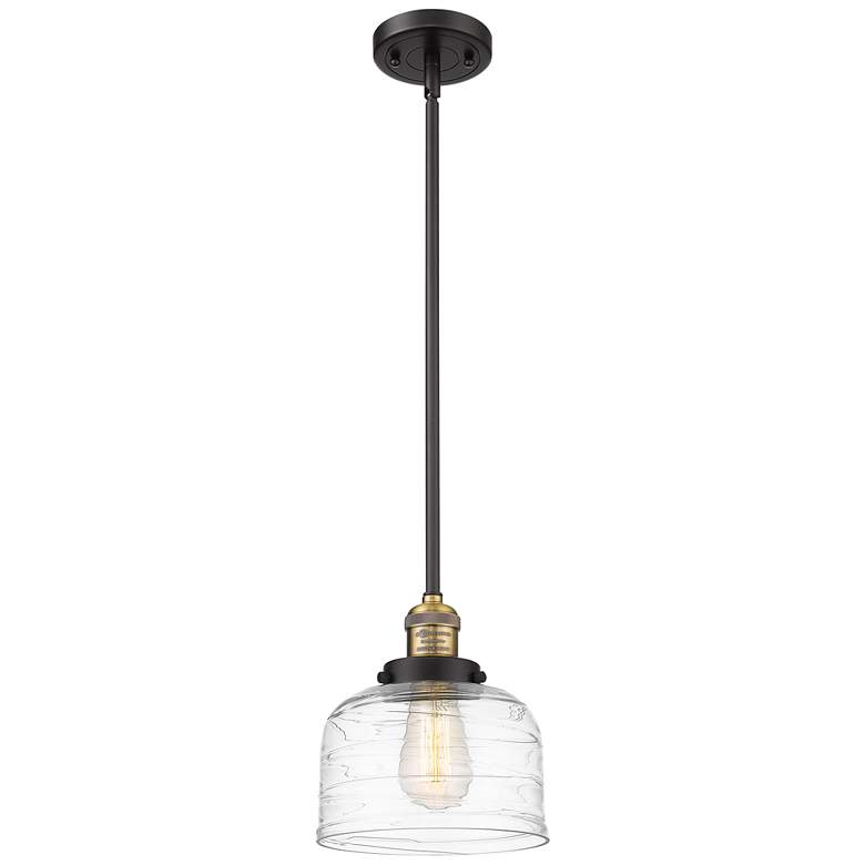 Image 1 Franklin Bell 8"W Black Brass Stem Hung Mini Pendant w/ Deco Swirl Sha