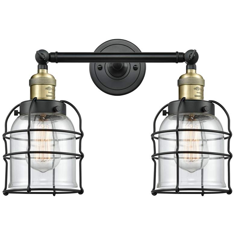 Image 1 Franklin Bell Cage 16" 2-Light Black Brass Bath Light w/ Clear Shade