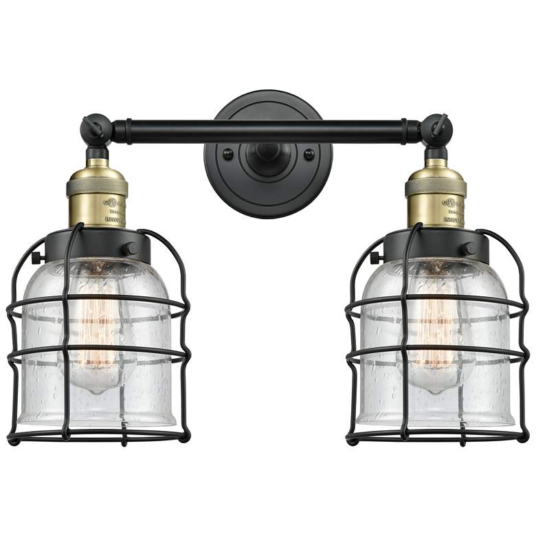 Image 1 Franklin Bell Cage 16" 2-Light Black Brass Bath Light w/ Seedy Shade