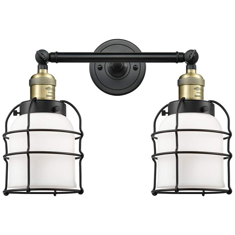 Image 1 Franklin Bell Cage 16" 2-Light Black Brass Bath Light w/ White Shade