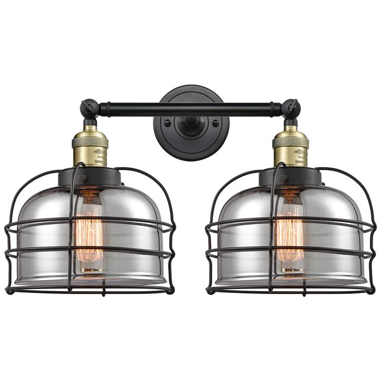 Image 1 Franklin Bell Cage 19" 2-Light Black Brass Bath Light w/ Smoke Shade