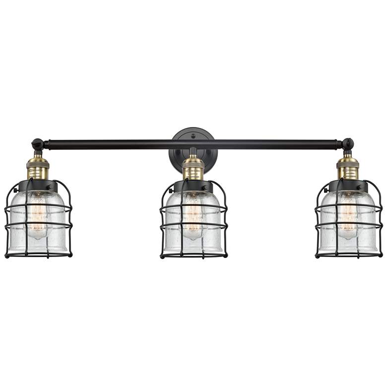 Image 1 Franklin Bell Cage 31" 3-Light Black Brass Bath Light w/ Seedy Shade