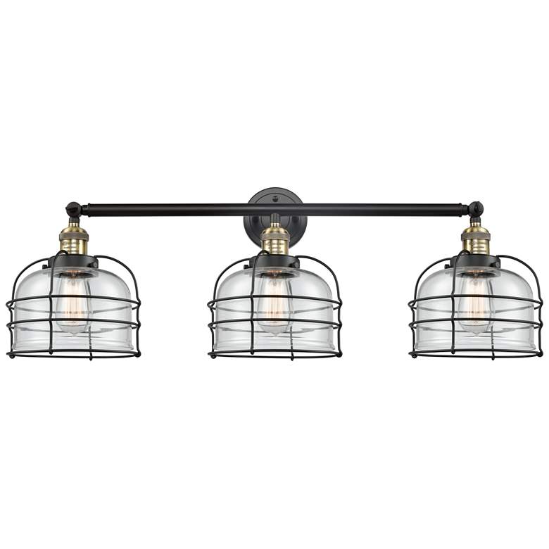 Image 1 Franklin Bell Cage 34"W 3 Light Black Brass Bath Light w/ Clear Shade