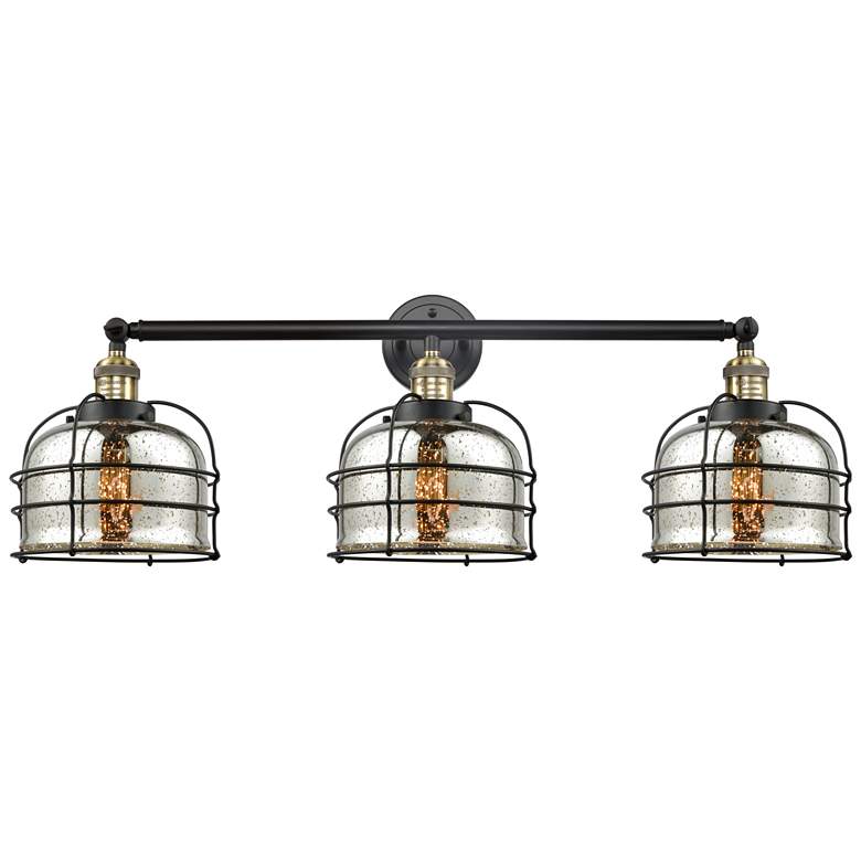 Image 1 Franklin Bell Cage 34"W 3 Light Black Brass Bath Light w/ Mercury Shad