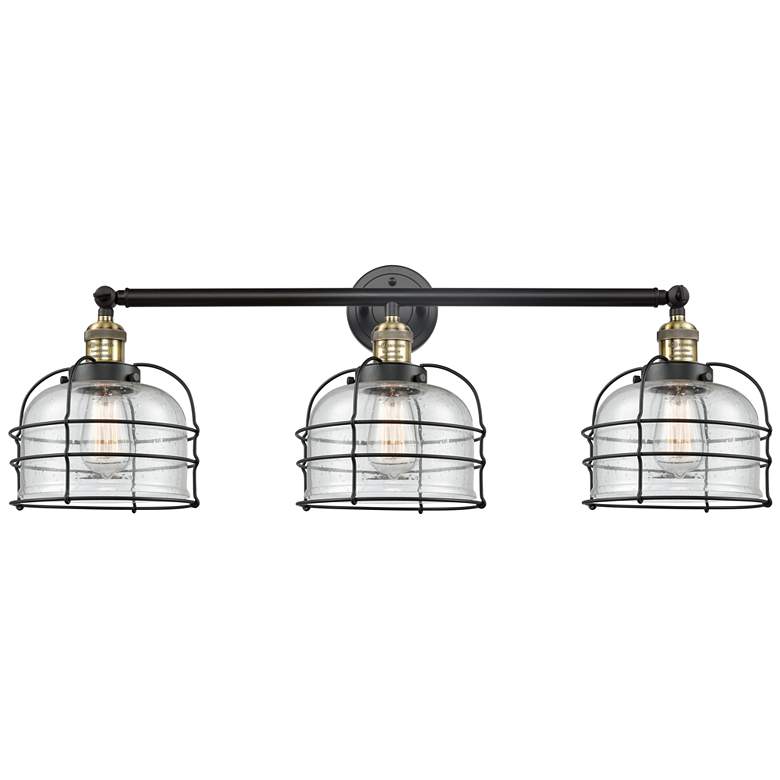 Image 1 Franklin Bell Cage 34"W 3 Light Black Brass Bath Light w/ Seedy Shade