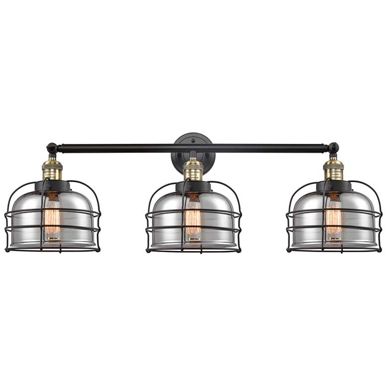 Image 1 Franklin Bell Cage 34"W 3 Light Black Brass Bath Light w/ Smoke Shade