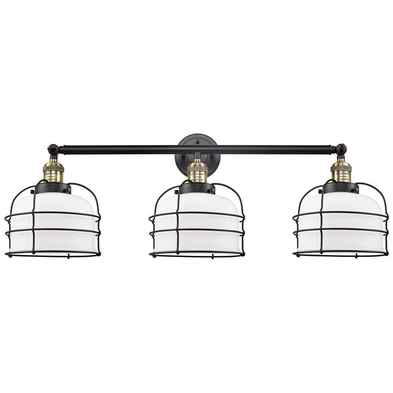Image 1 Franklin Bell Cage 34"W 3 Light Black Brass Bath Light w/ White Shade