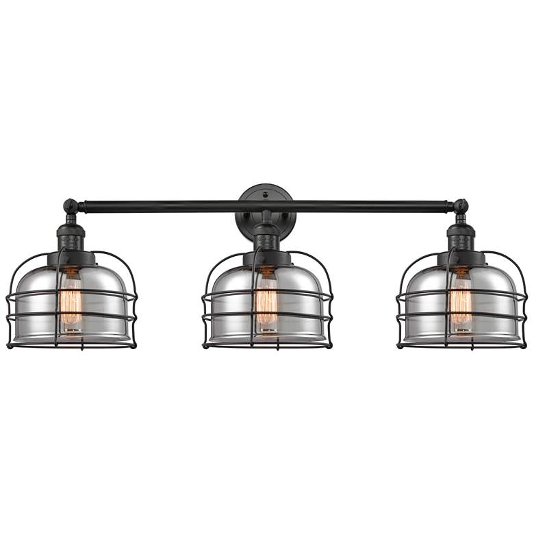 Image 1 Franklin Bell Cage 34"W 3 Light Matte Black Bath Light w/ Smoke Shade