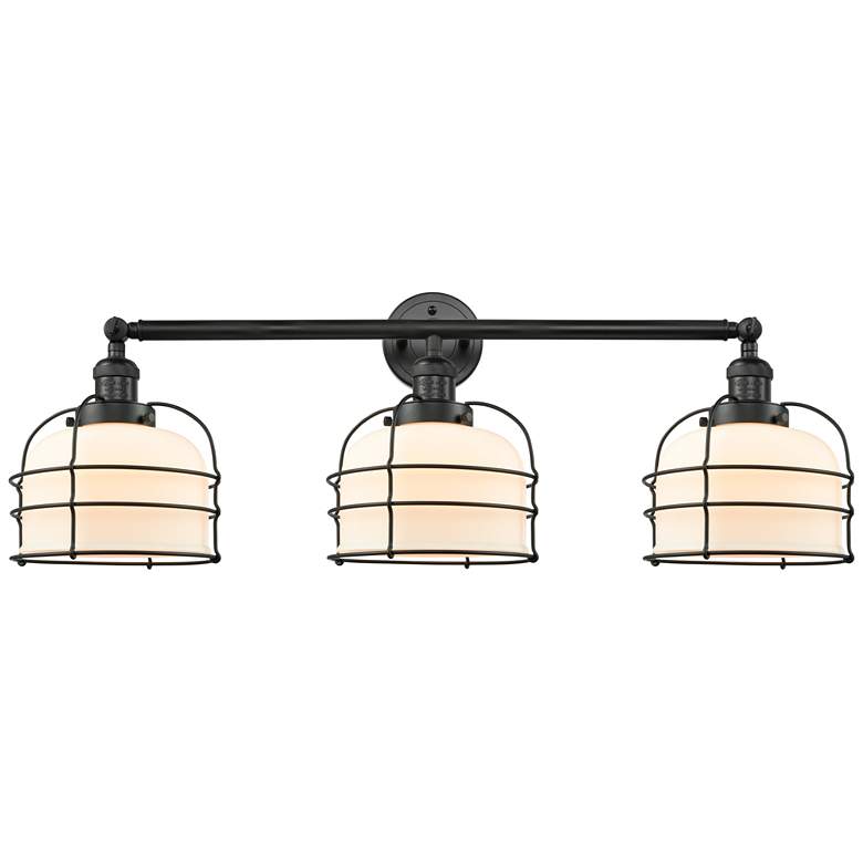 Image 1 Franklin Bell Cage 34"W 3 Light Matte Black Bath Light w/ White Shade