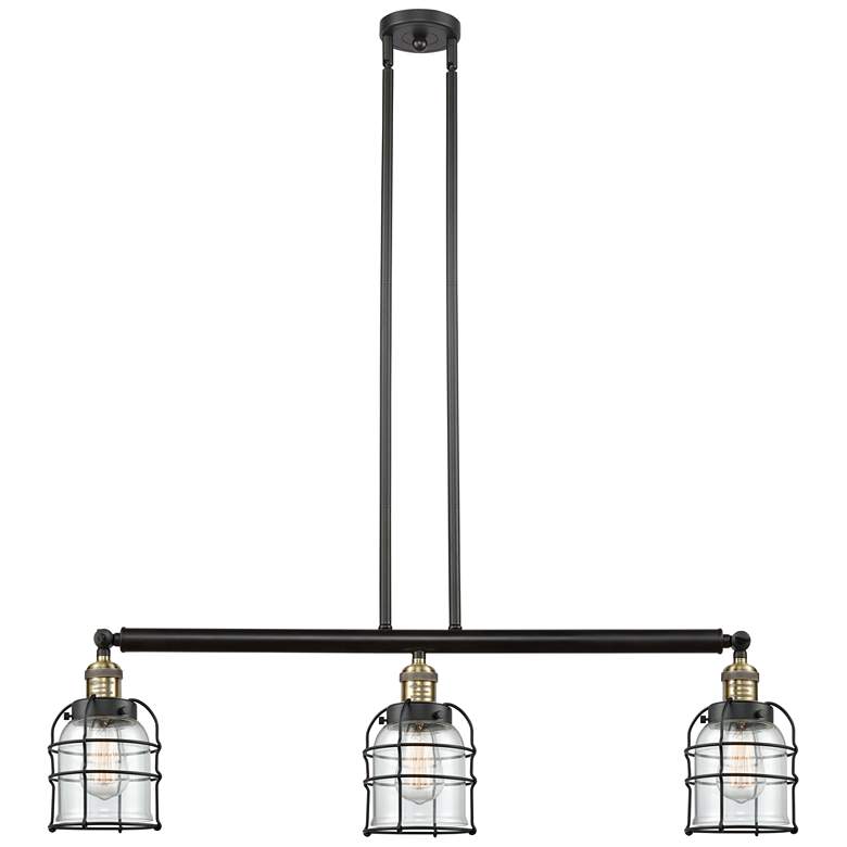 Image 1 Franklin Bell Cage 38.5"W 3 Light Black Brass Island Light w/ Clear Sh