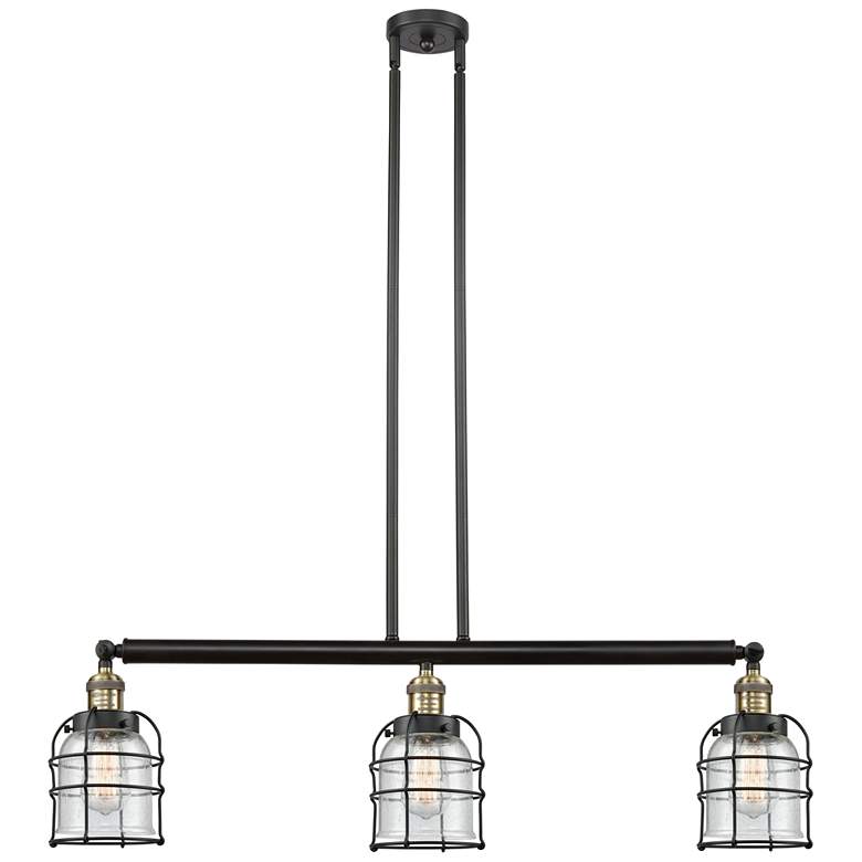 Image 1 Franklin Bell Cage 38.5"W 3 Light Black Brass Island Light w/ Seedy Sh