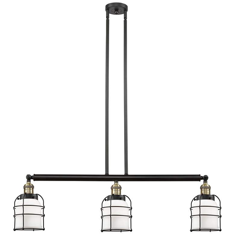 Image 1 Franklin Bell Cage 38.5"W 3 Light Black Brass Island Light w/ White Sh